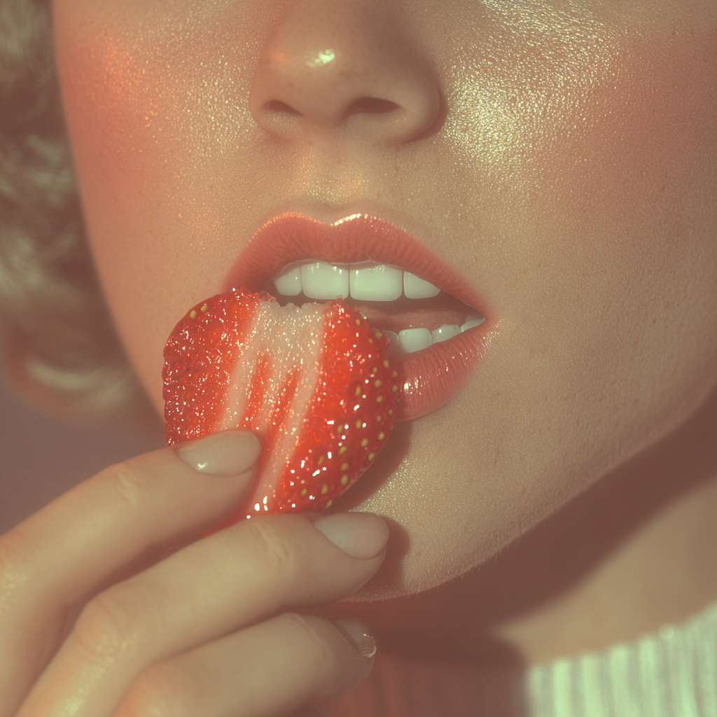 Woman Biting a Glass Strawberry in ASMR Close-Up