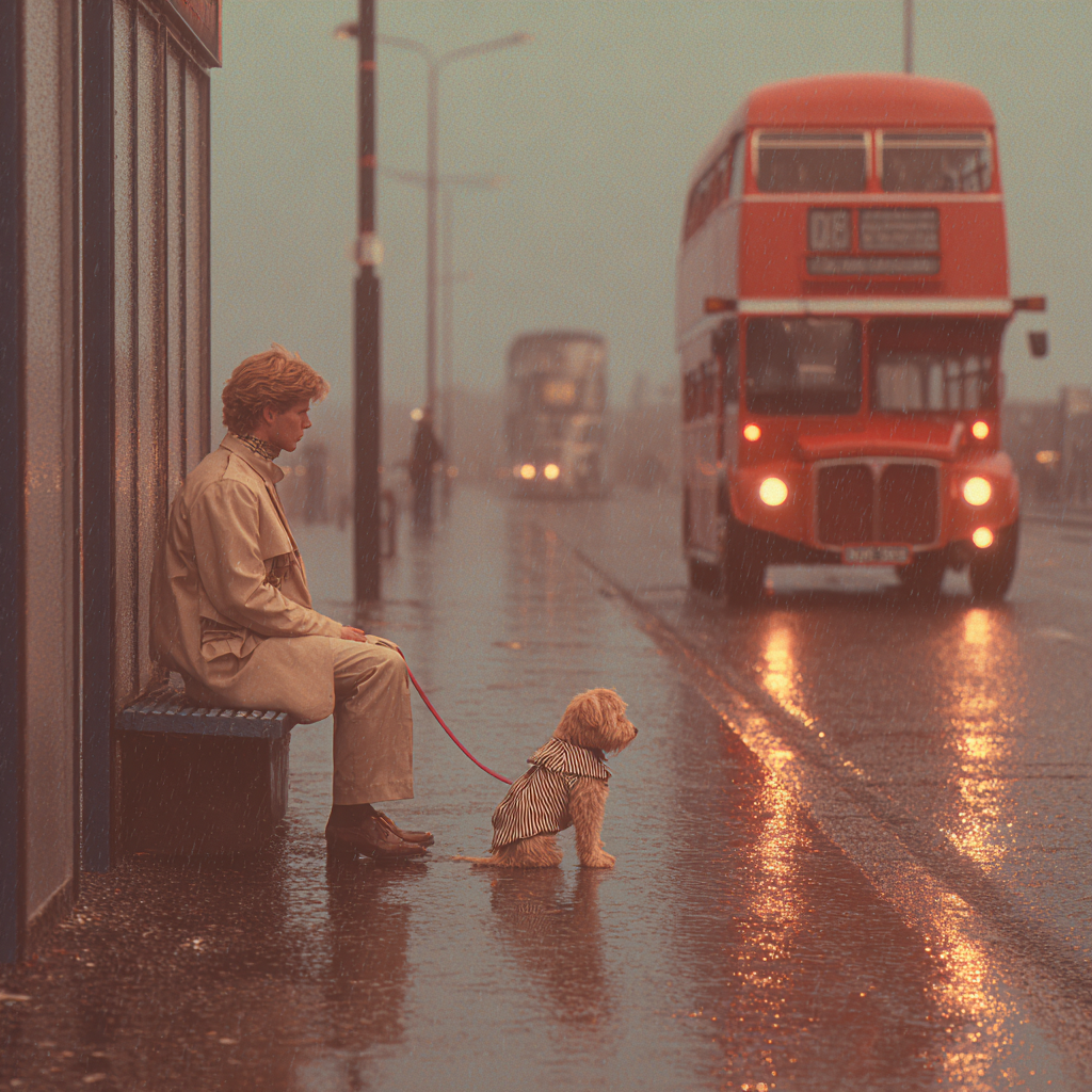 Burberry Model and Dog at a Rainy Bus Stop