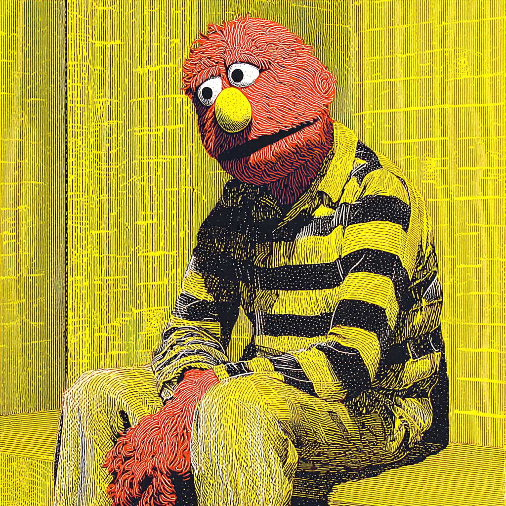 Verängstigter Elmo mit einem furchteinflößenden Zellengenossen