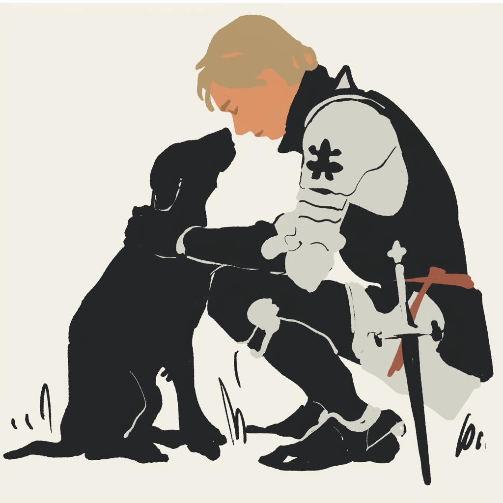 Ritter streichelt seinen Hund