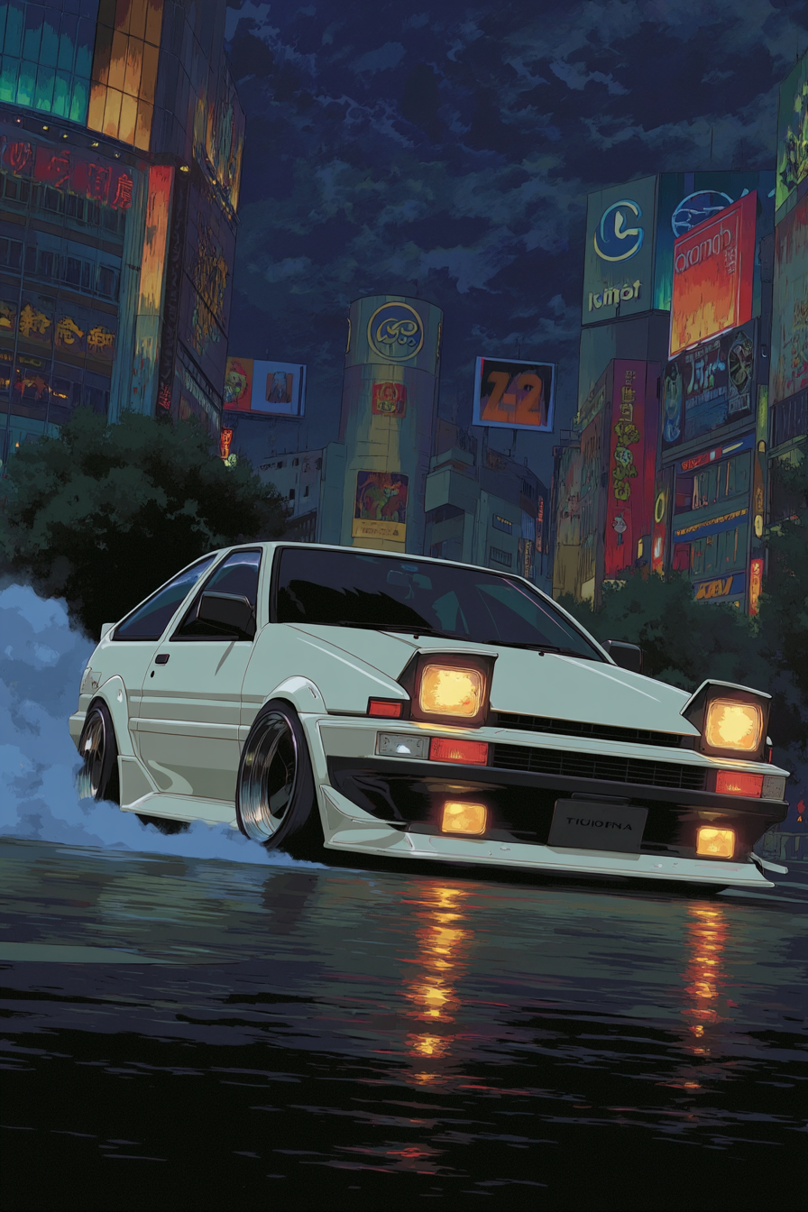 AE86 cyberpunk en dérapage dans Tokyo