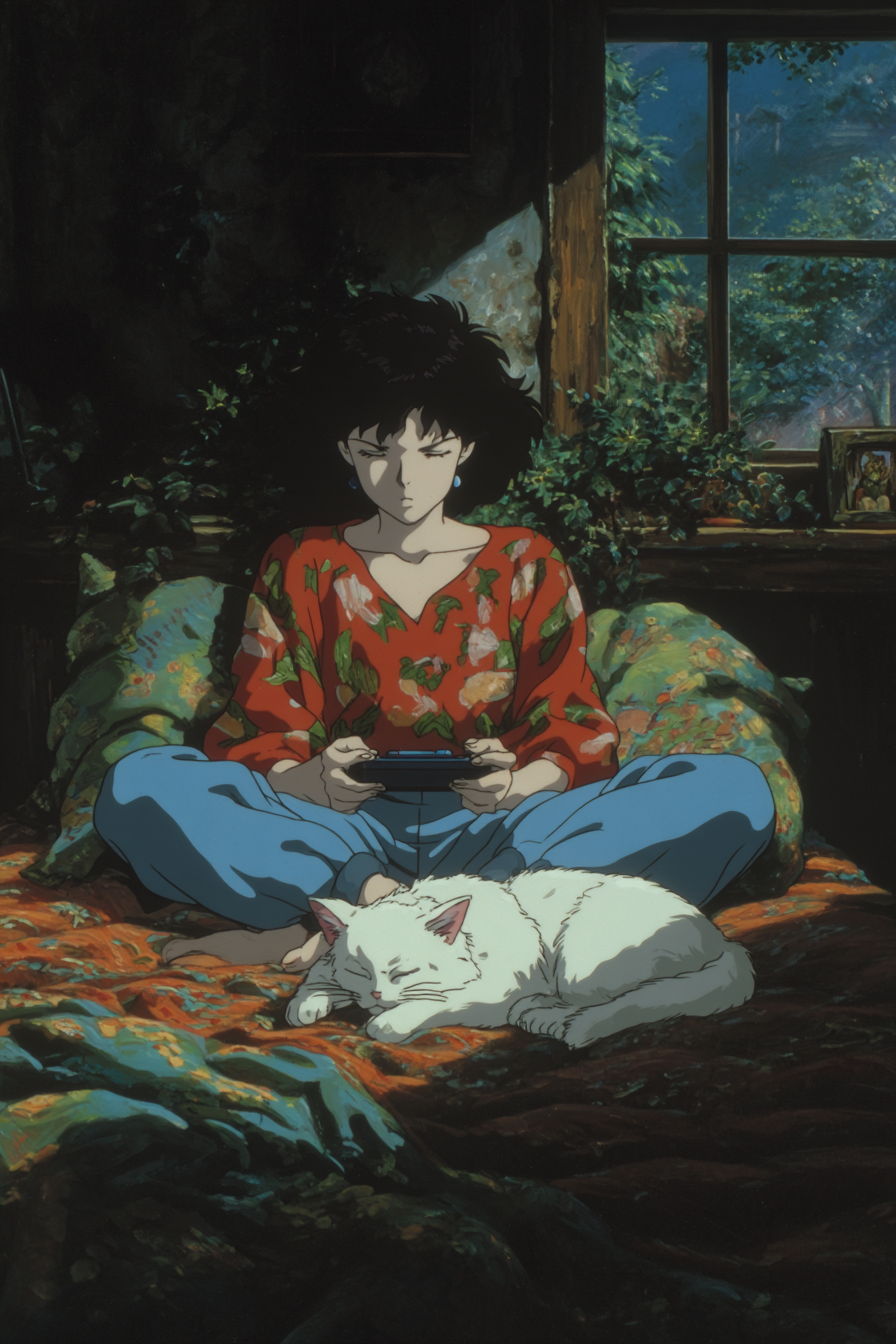 Noche acogedora de videojuegos en anime retro