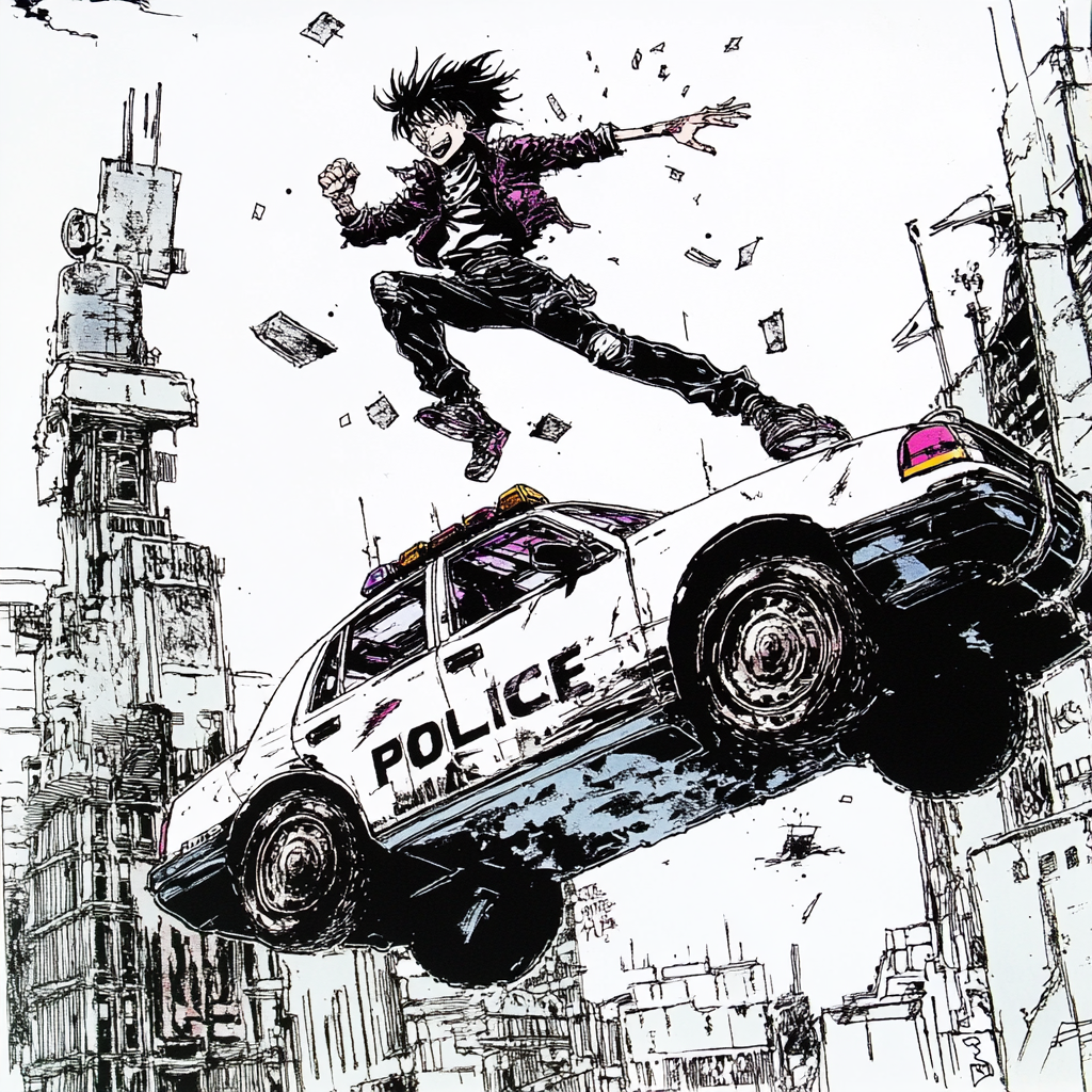 Adolescent sautant une voiture de police en manga vintage