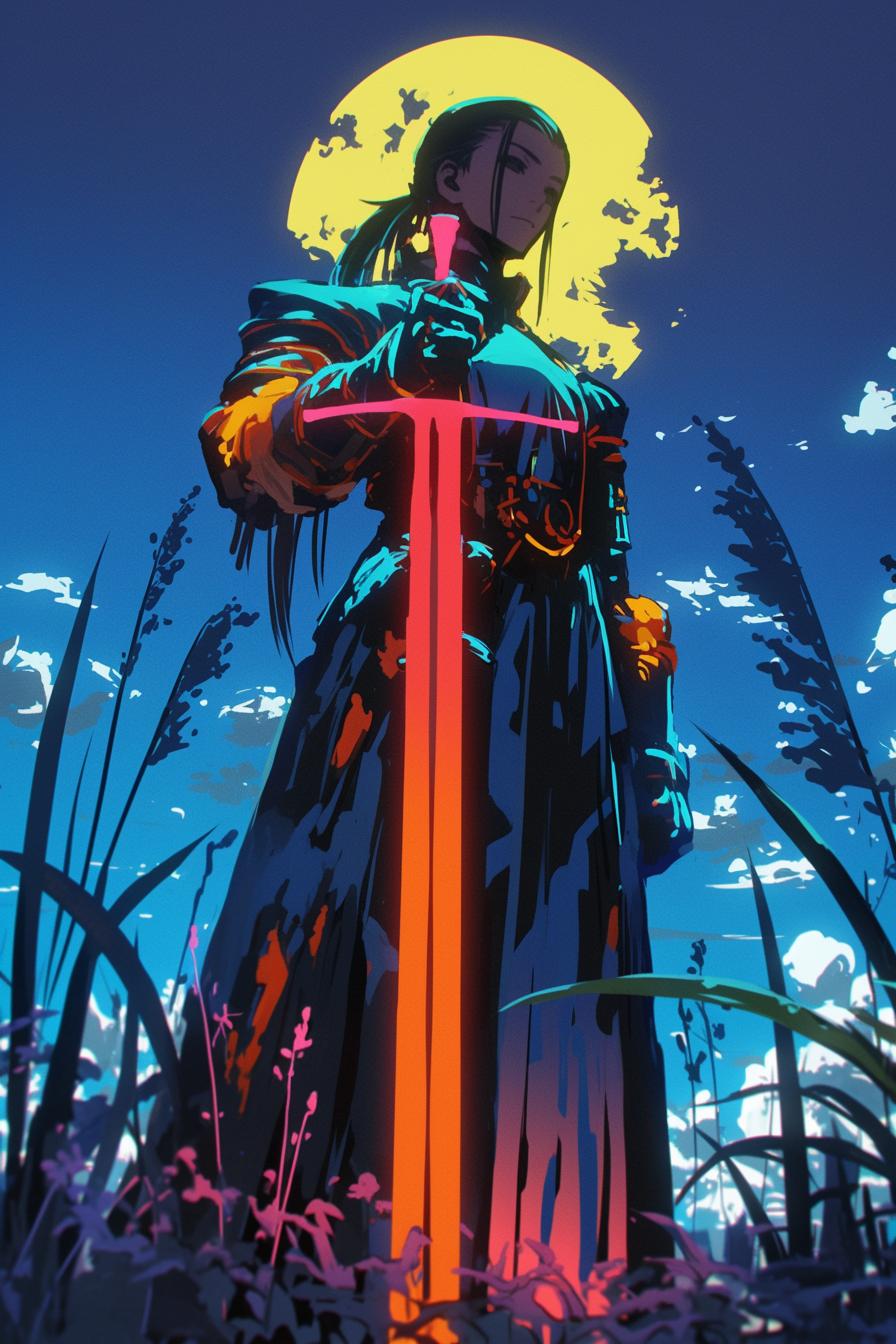 Anime Knight with a Giant Sword beneath the Moon