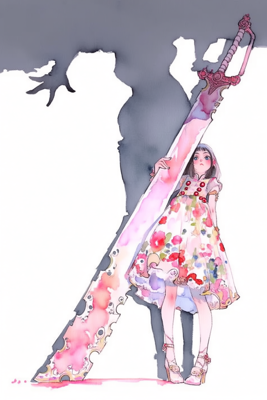 Princesse chinoise frappant avec une immense épée rose