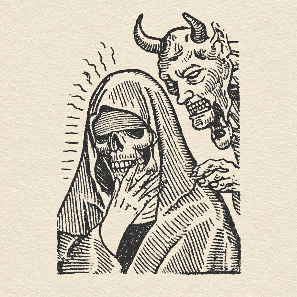 Blindfolded Skull Nun and Devil Puppeteer
