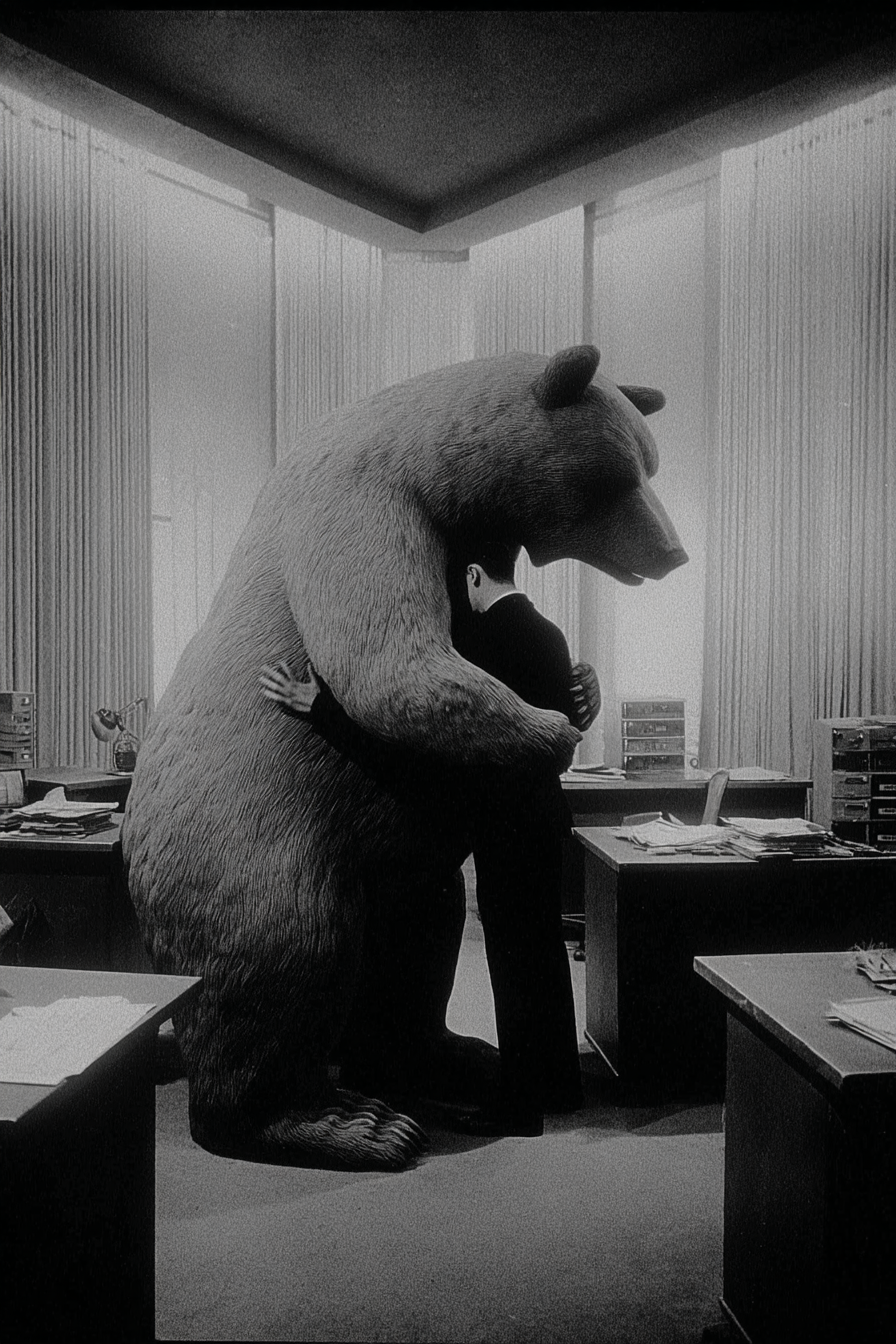 Man Hugging a Bear in an Office