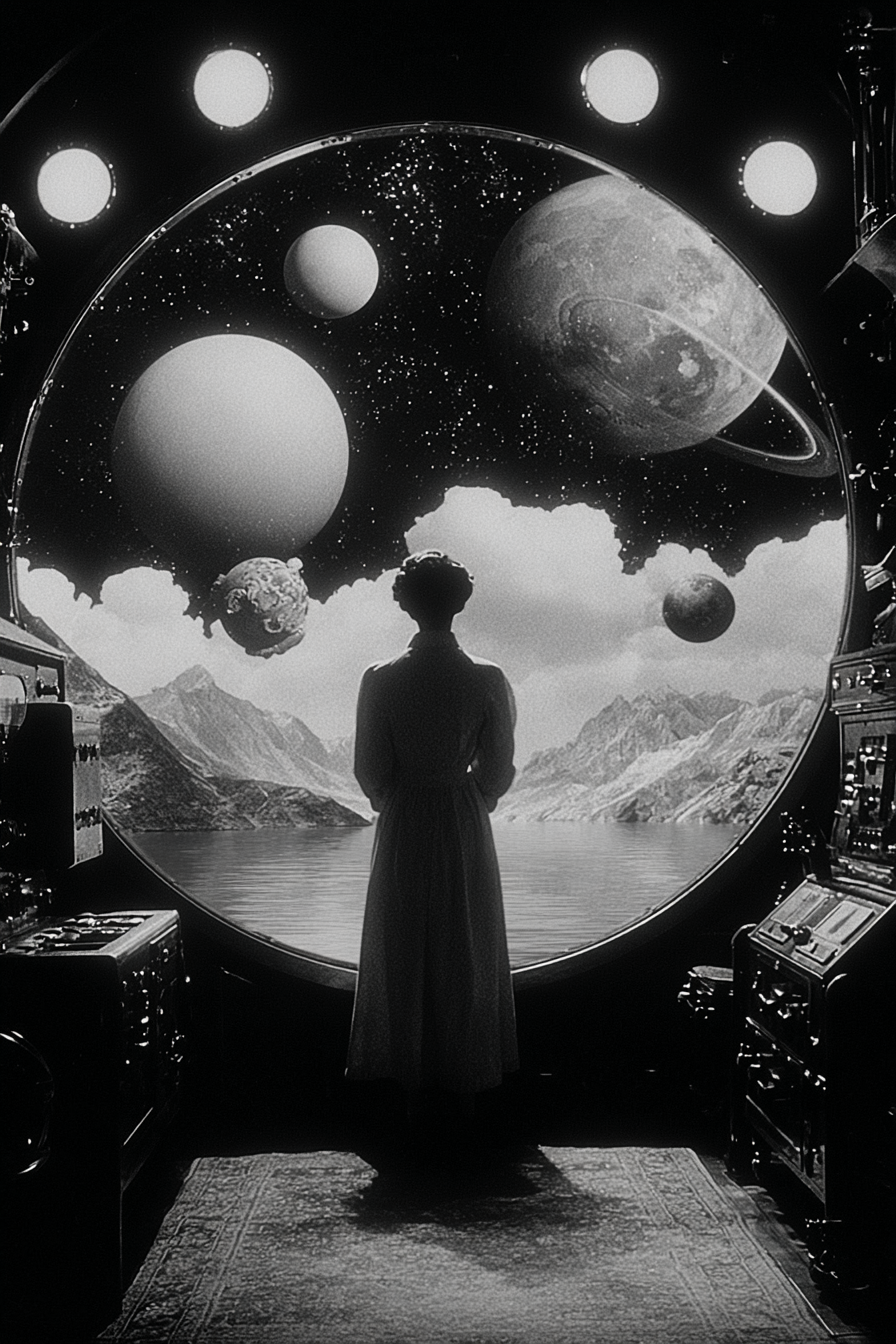 Astronauta solitario contemplando planetas lejanos