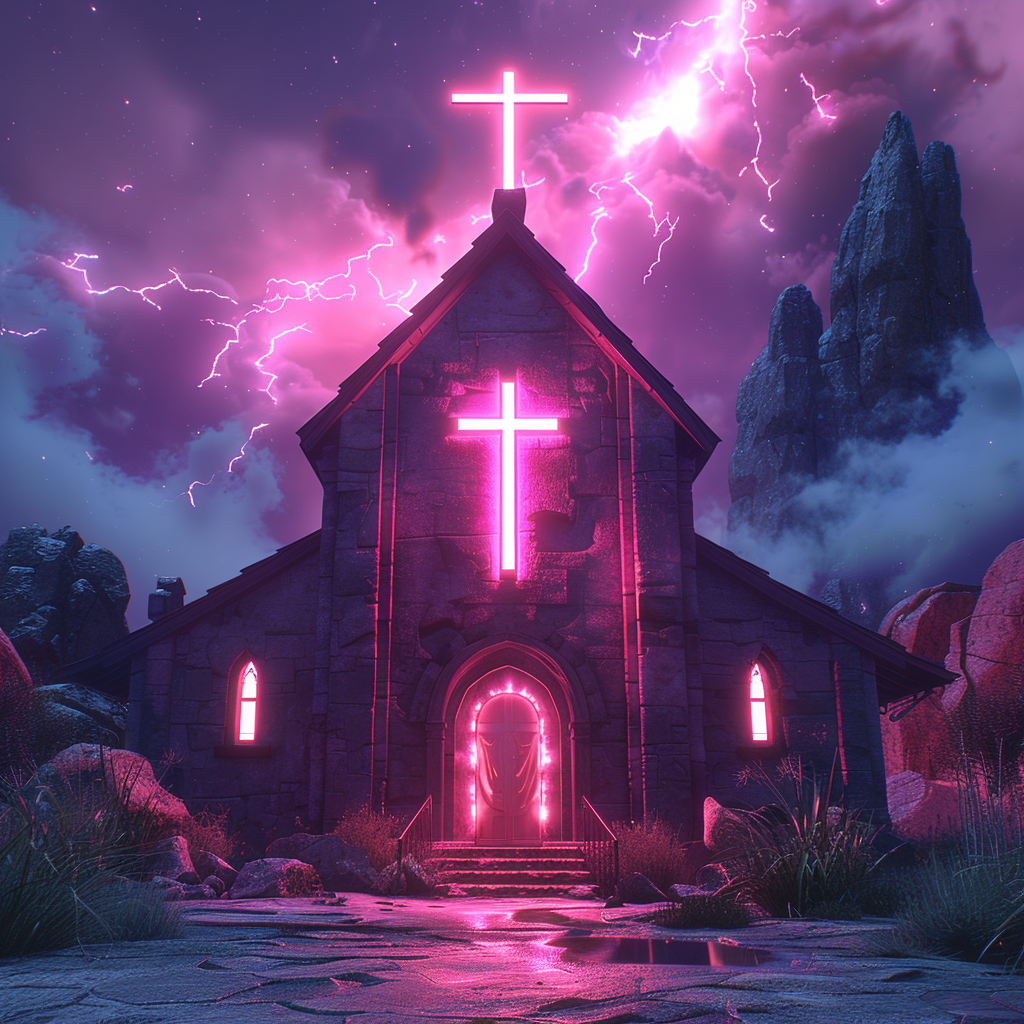 Rustic Chapel in Neon Light