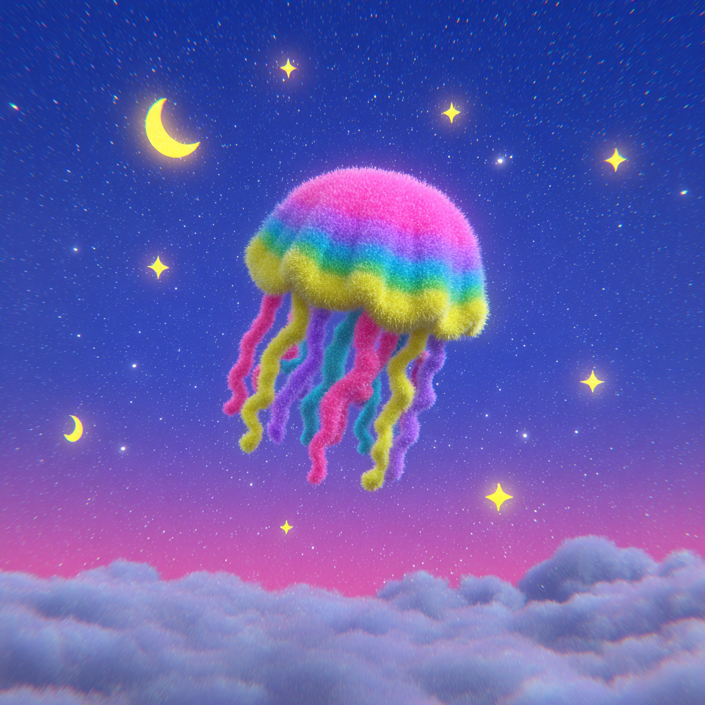 Medusa cósmica de peluche entre nubes de neón
