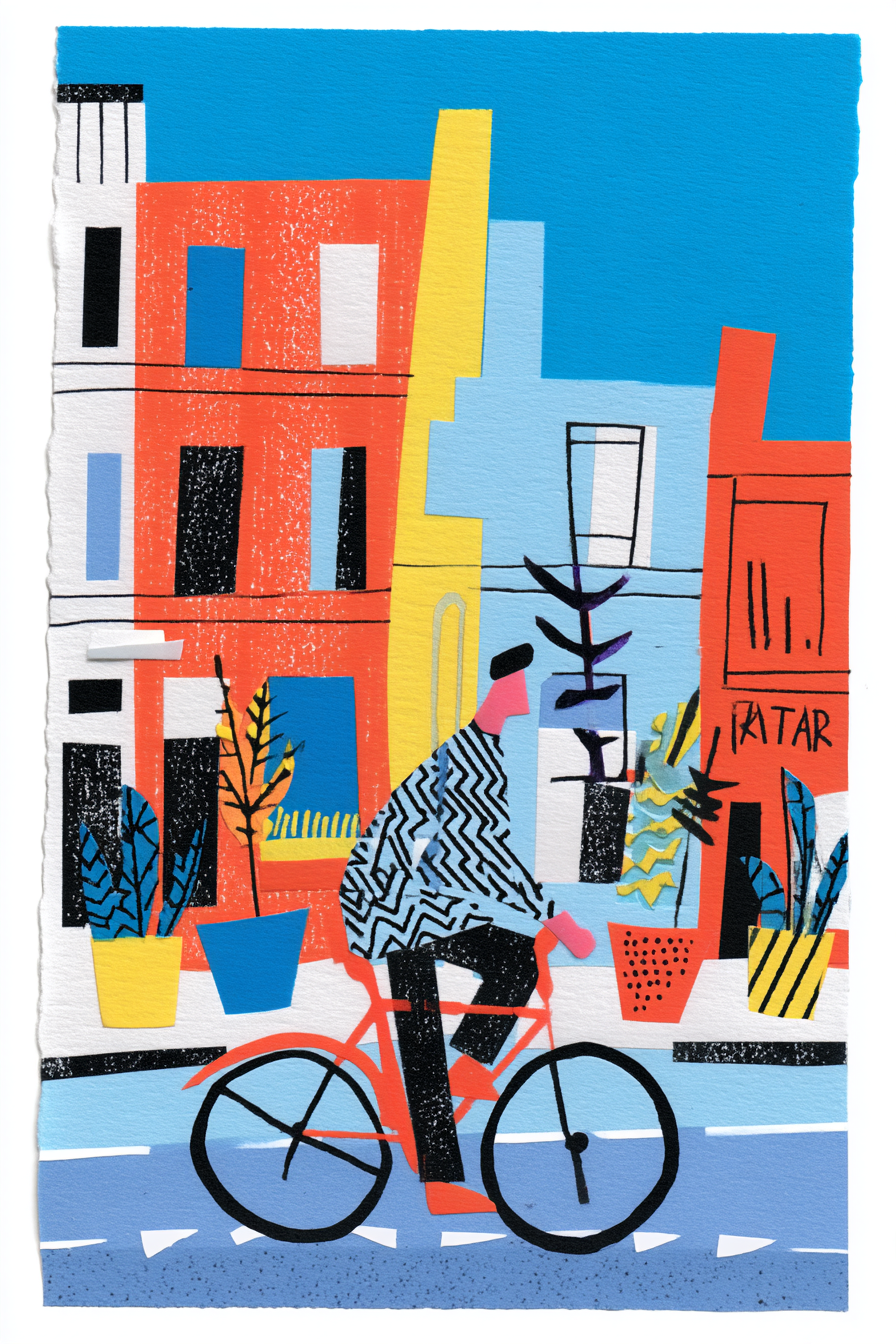 Folk-Art Cyclist in a Colorful City