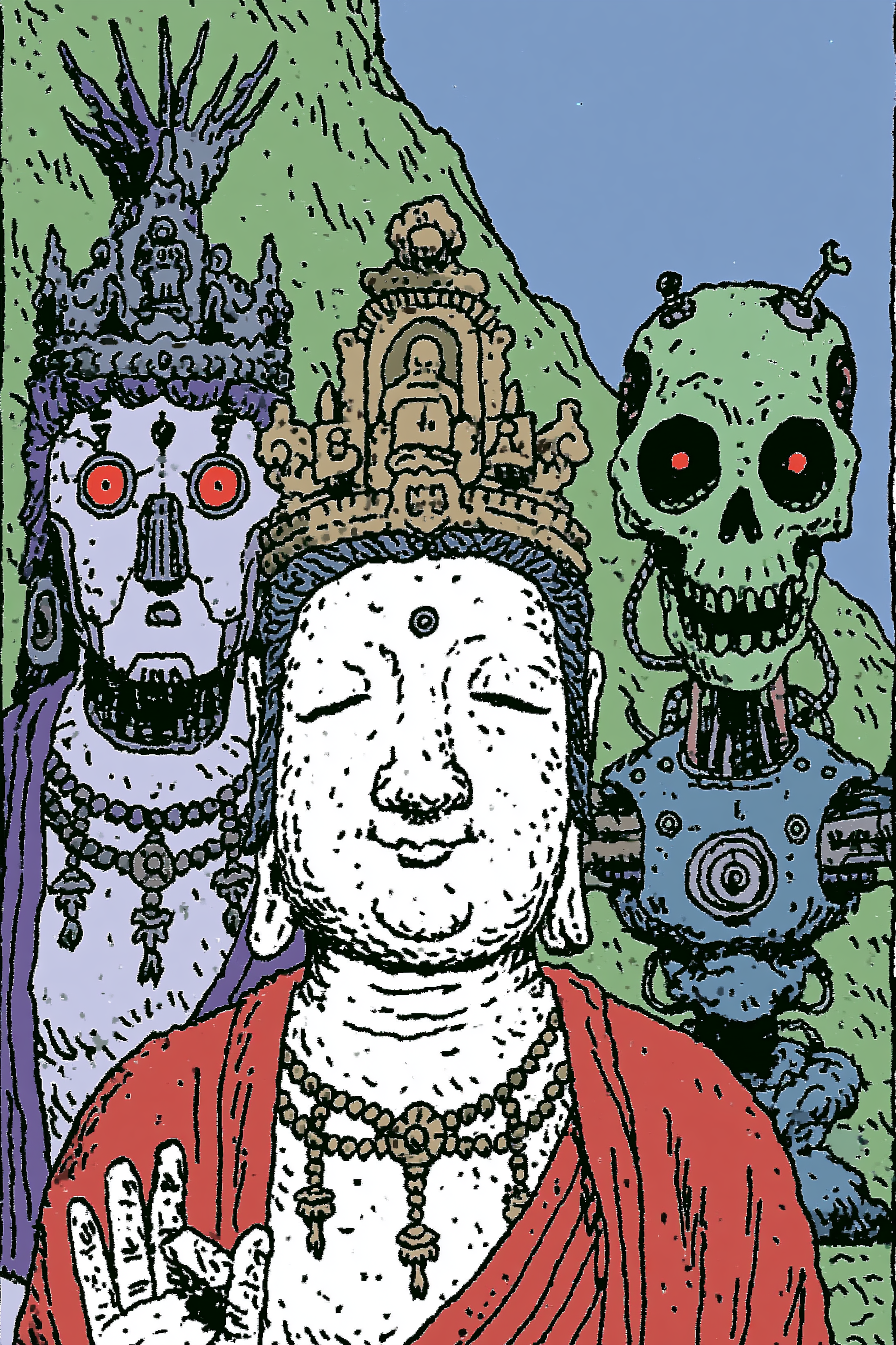 Trois statues robotiques cyberpunk de Kannon