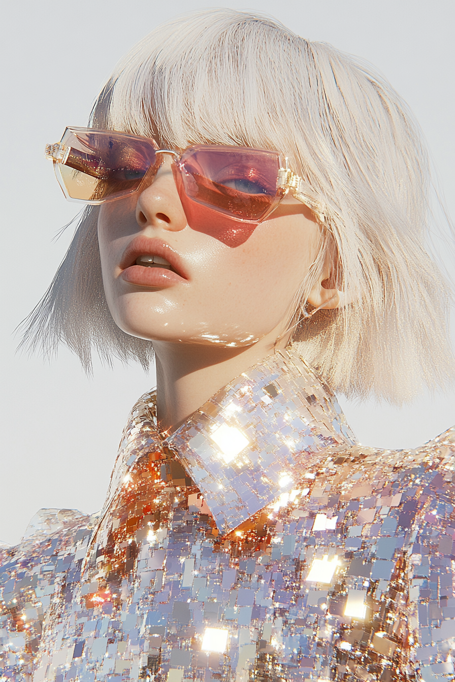 Modelo cyberpunk de cabello blanco con gafas rojas