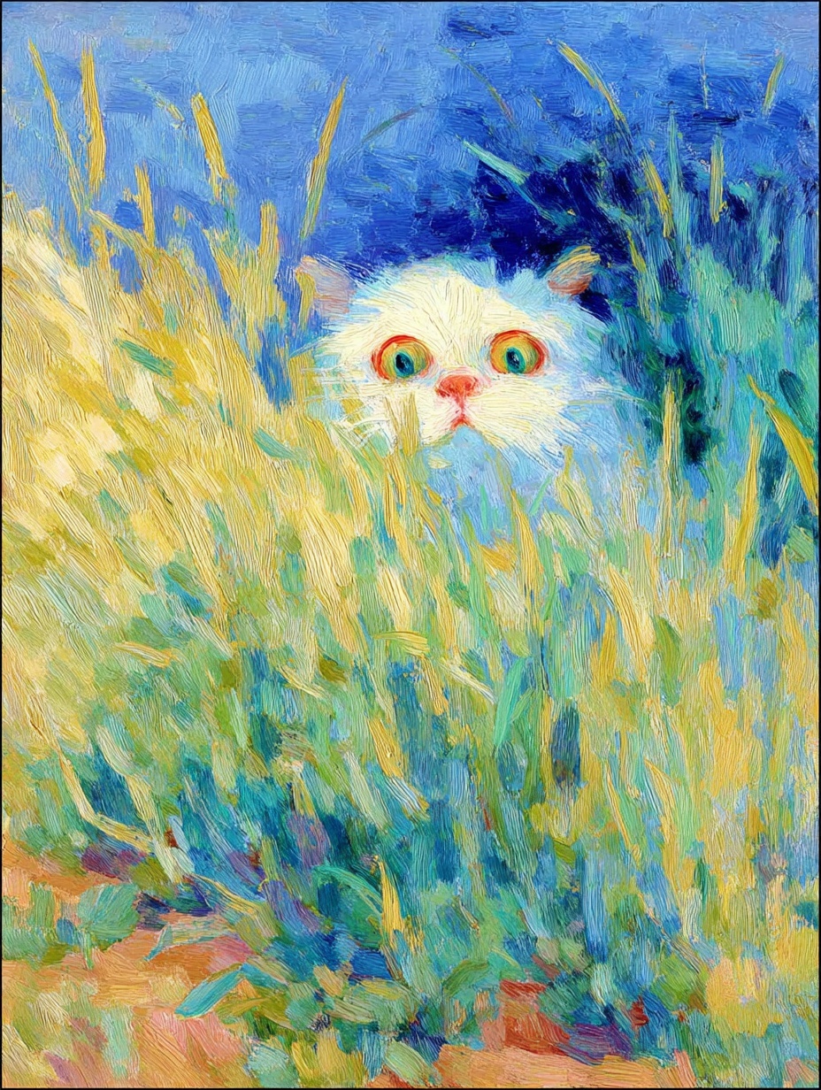 Gato blanco curioso asomándose entre la hierba