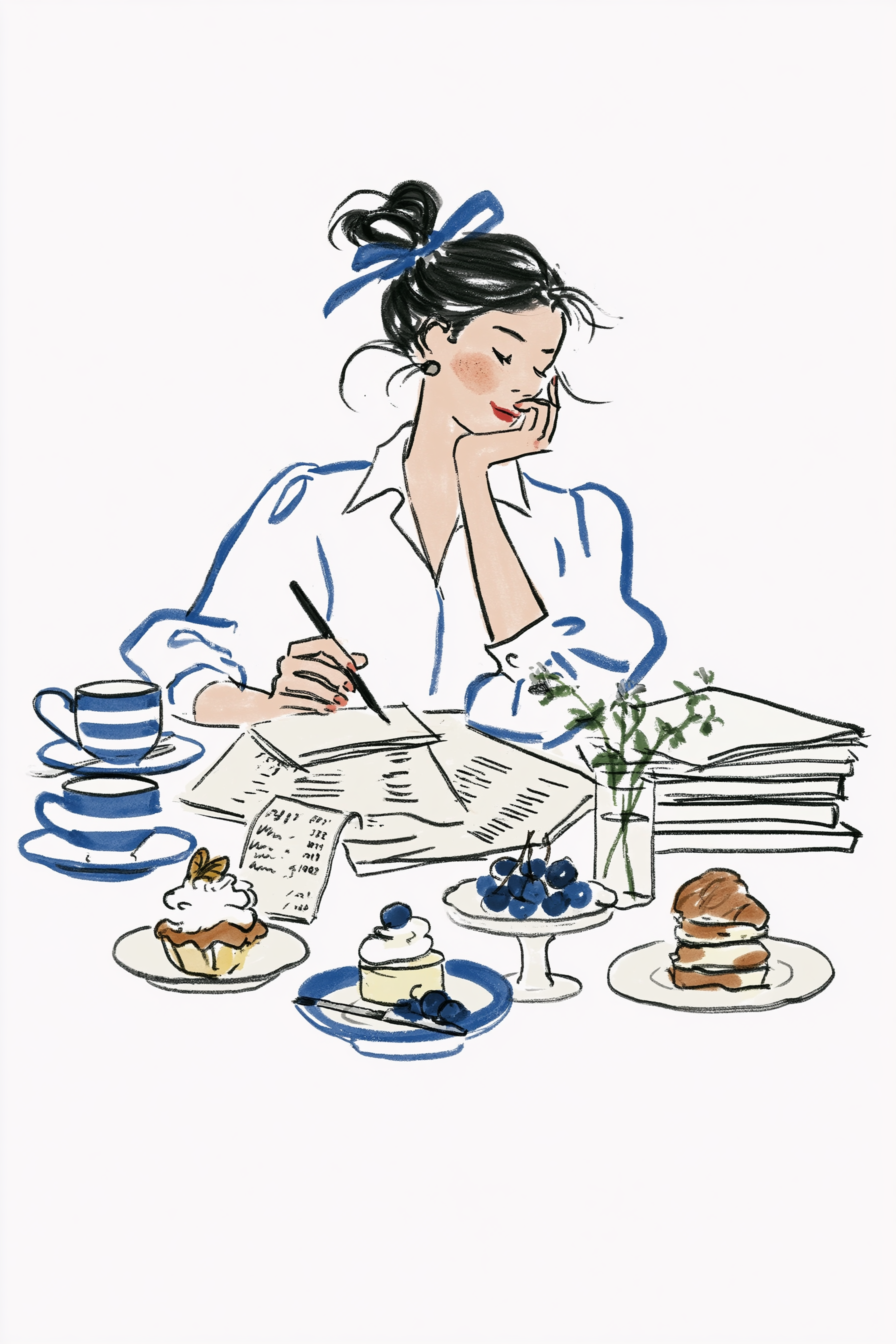 Office Woman Among Receipts and Desserts