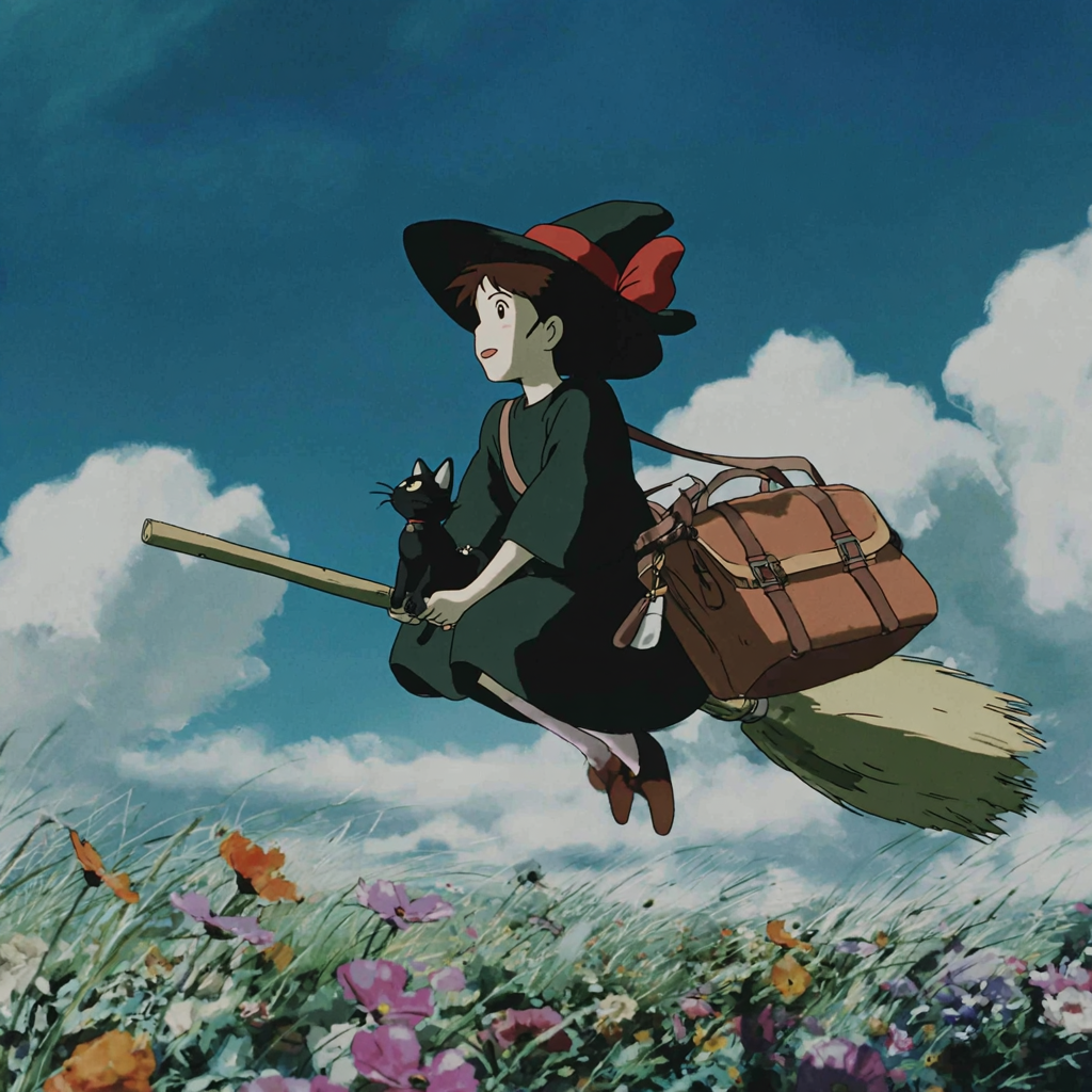 Witch Girl Flying Over a Flower Field