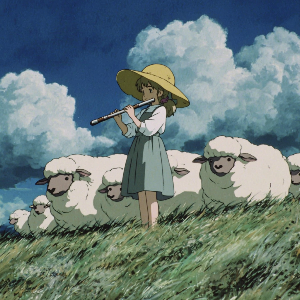 Niña flautista guiando criaturas de nube