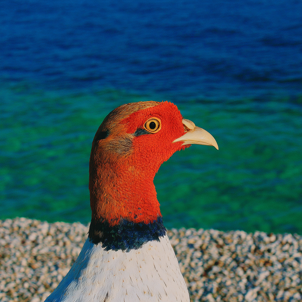 Weißer Vogel mit rotem Scheitel am Meer