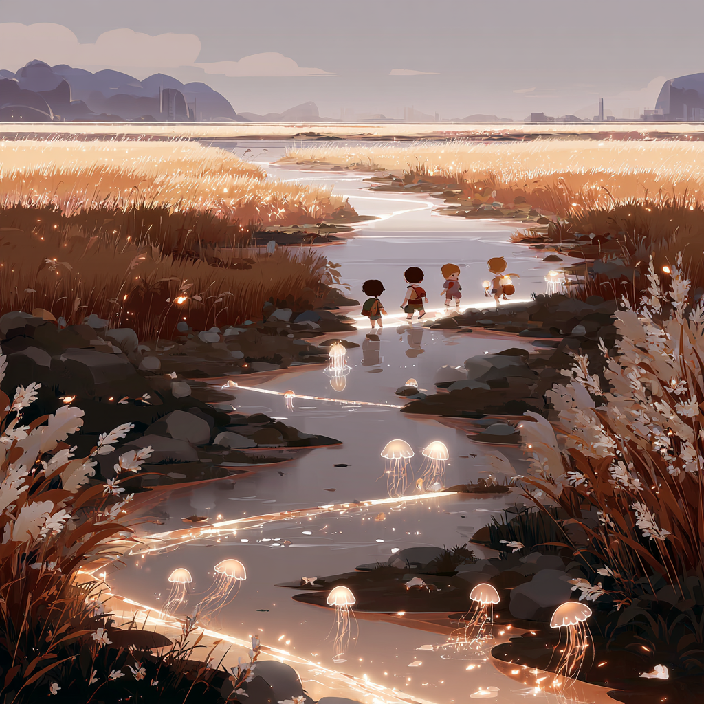 Children Playing in a Glowing Fairy Stream