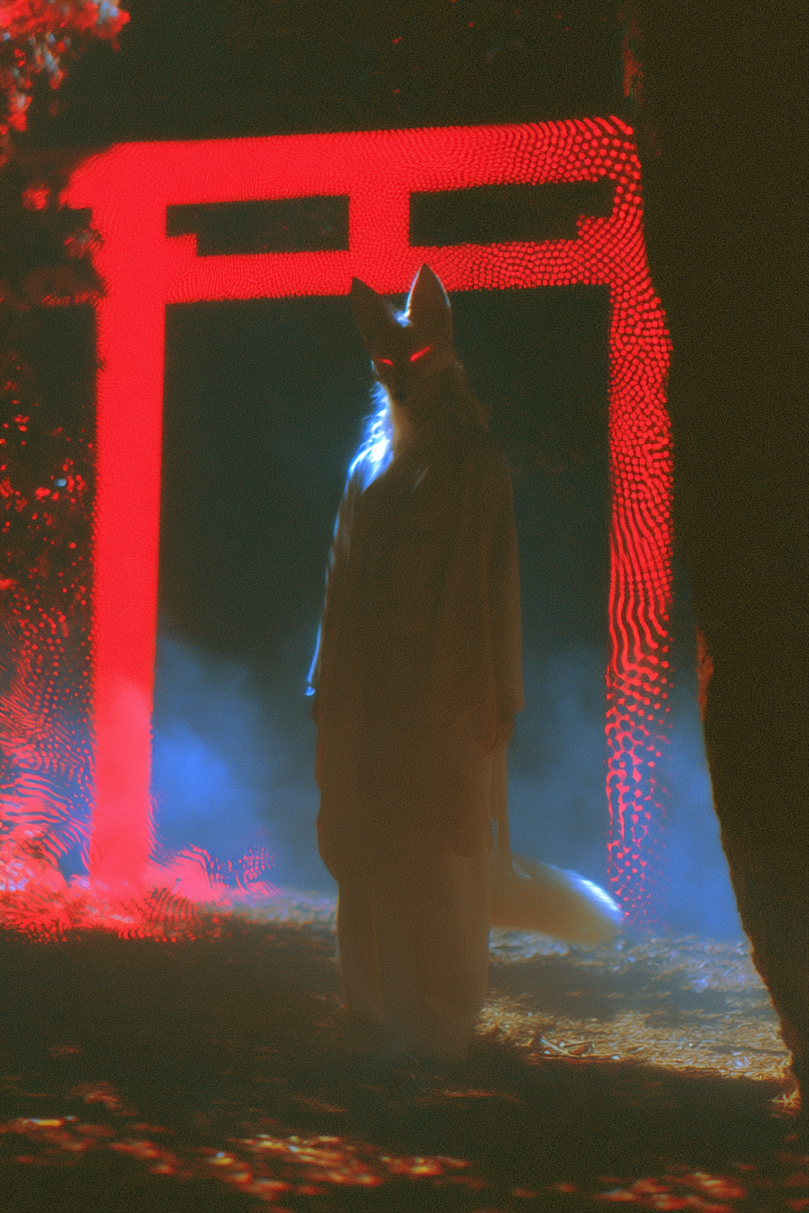 Psychedelic Fox Priestess at the Neon Torii