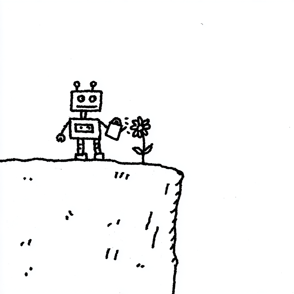 Tiny Robot Watering a Cliff Flower