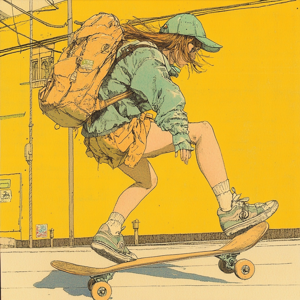 Anime Skateboarder on a City Sidewalk