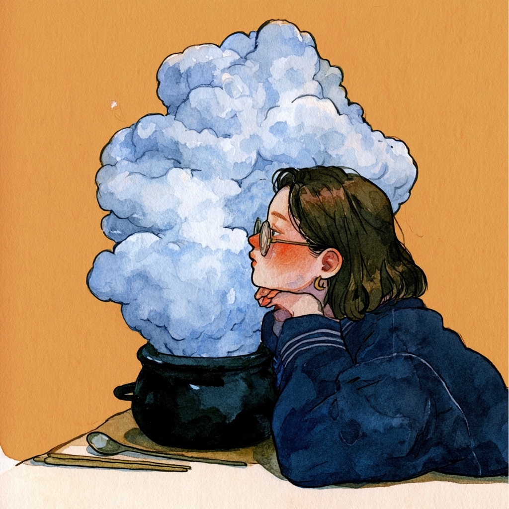 凝望石锅冲天蒸汽的女子
