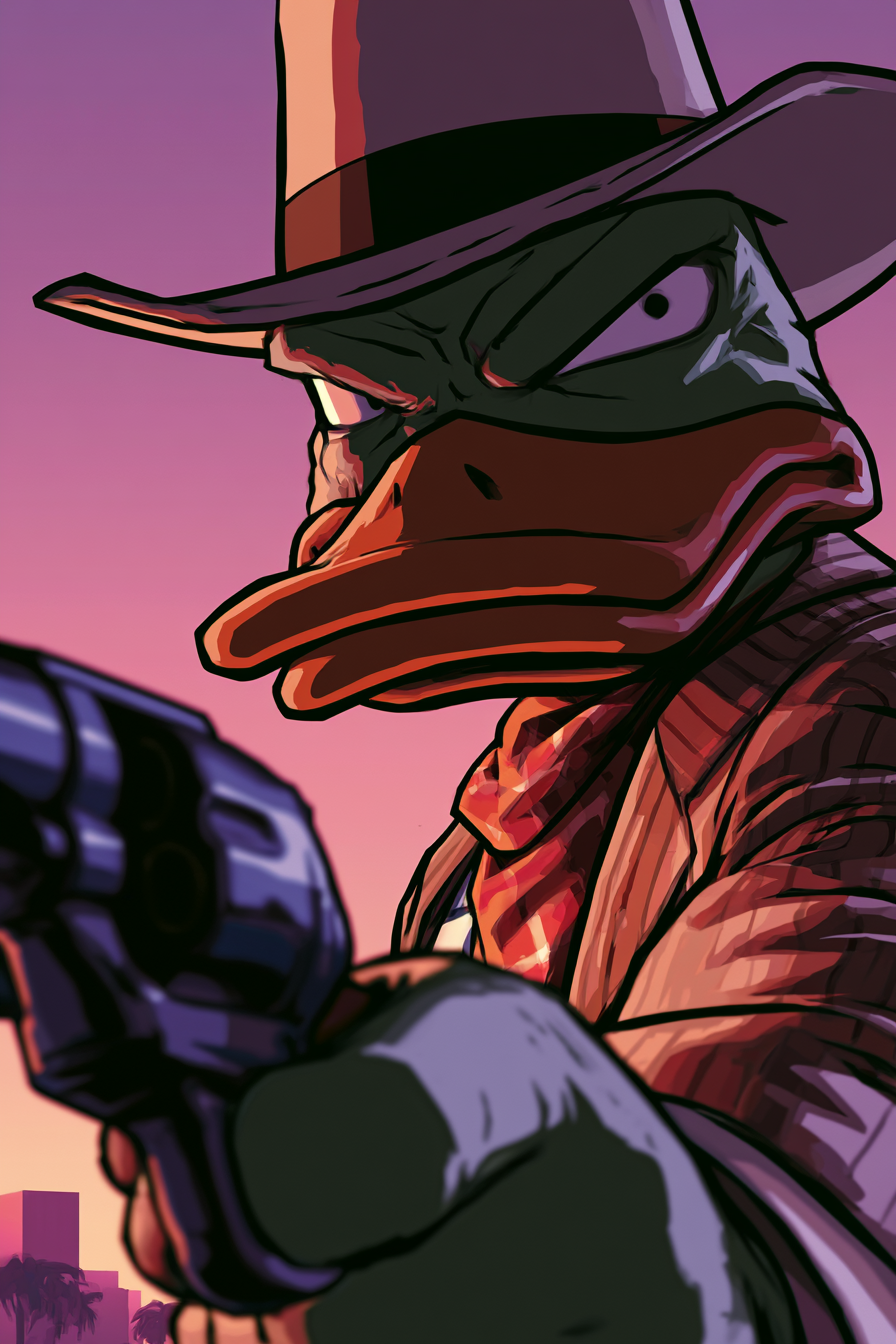 Pato bandido del Salvaje Oeste con una gran pistola