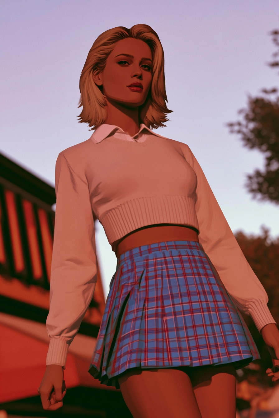 Femme blonde en jupe écossaise bleue dans une rue urbaine