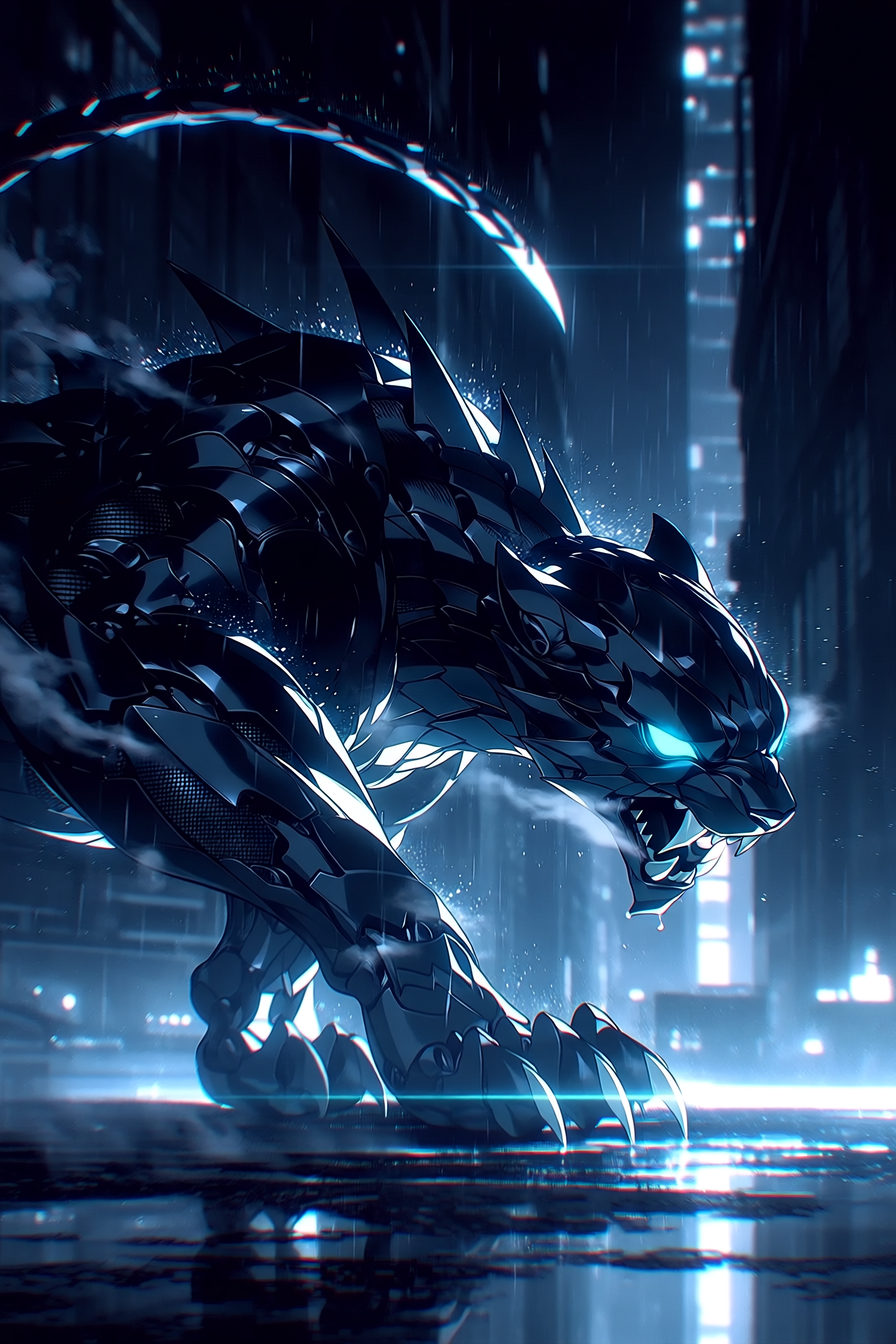 Robotischer schwarzer Panther in einer nassen Gasse