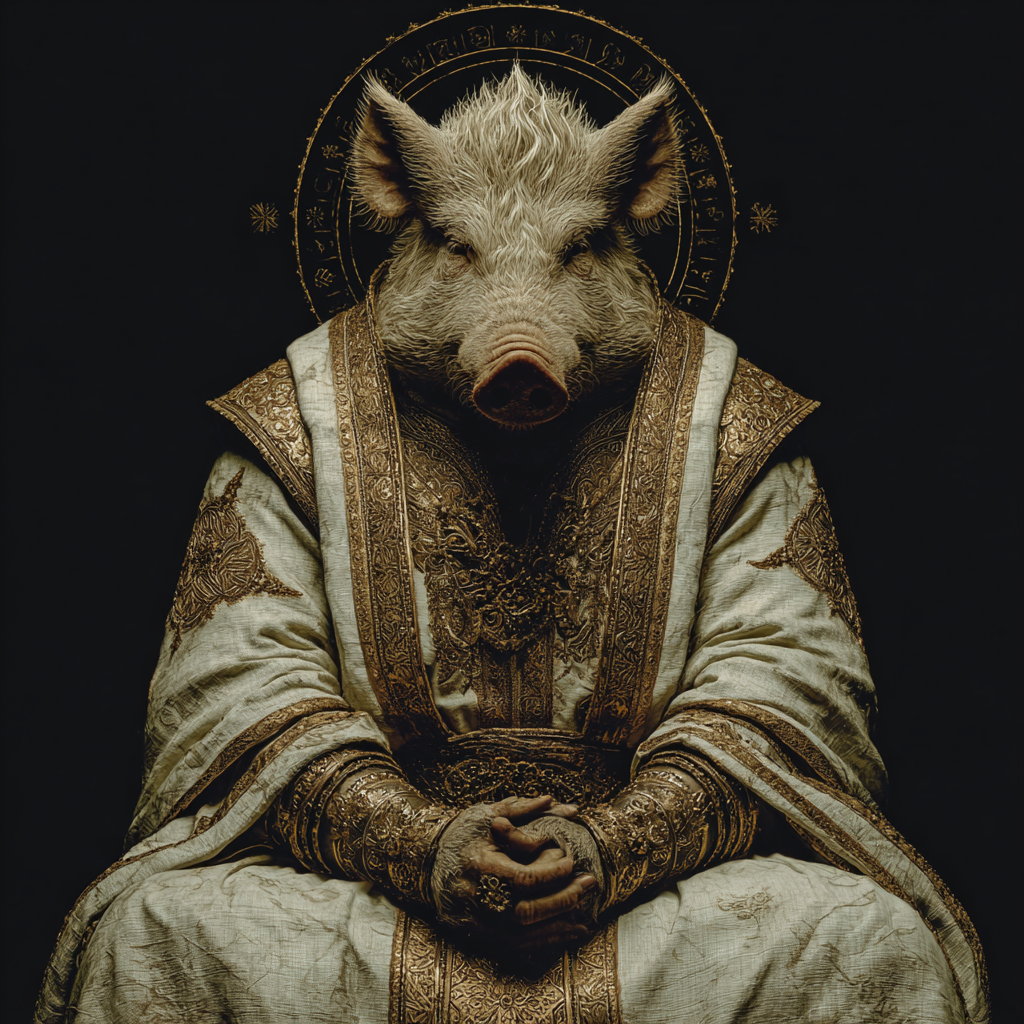 Humanoid Boar Deity in White Robes