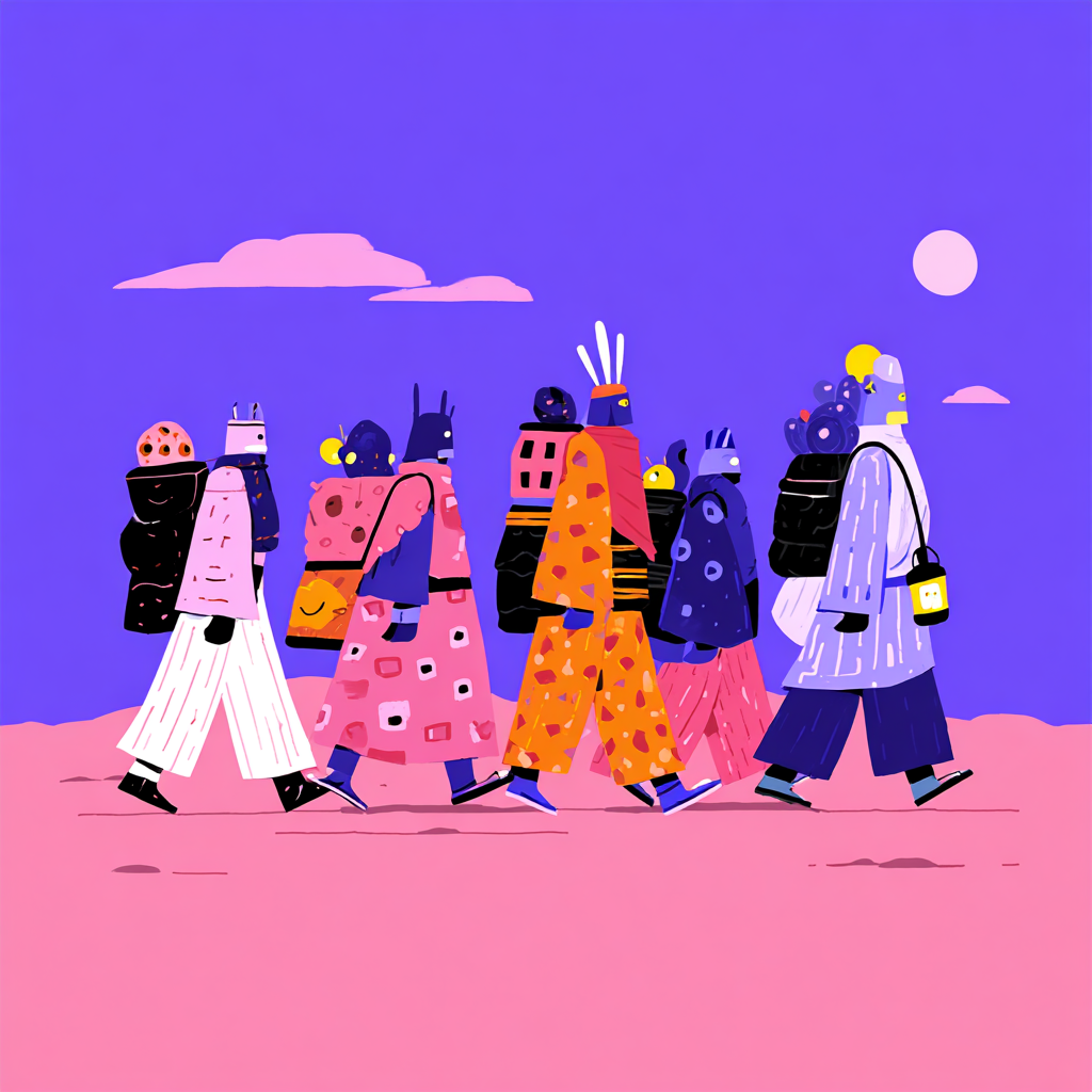 Futuristic Caravan Crossing a Pink Desert
