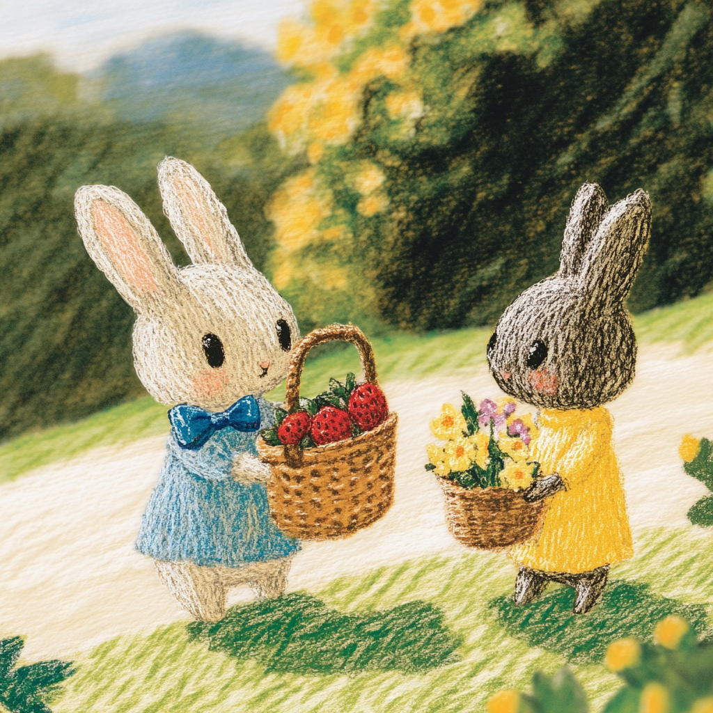 Bow-Tied Rabbits Carrying Berry and Flower Baskets