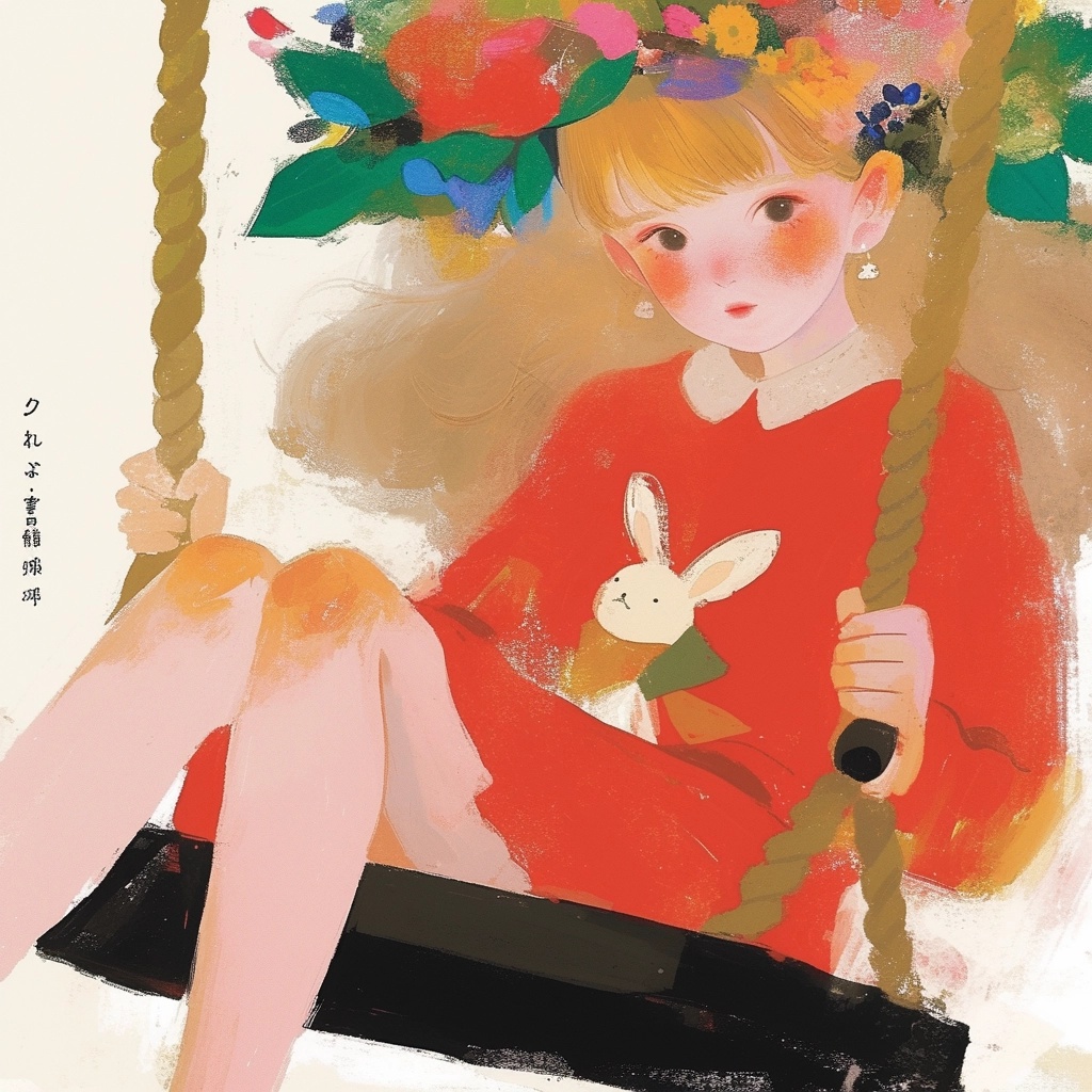 抱兔偶荡秋千的花冠女孩