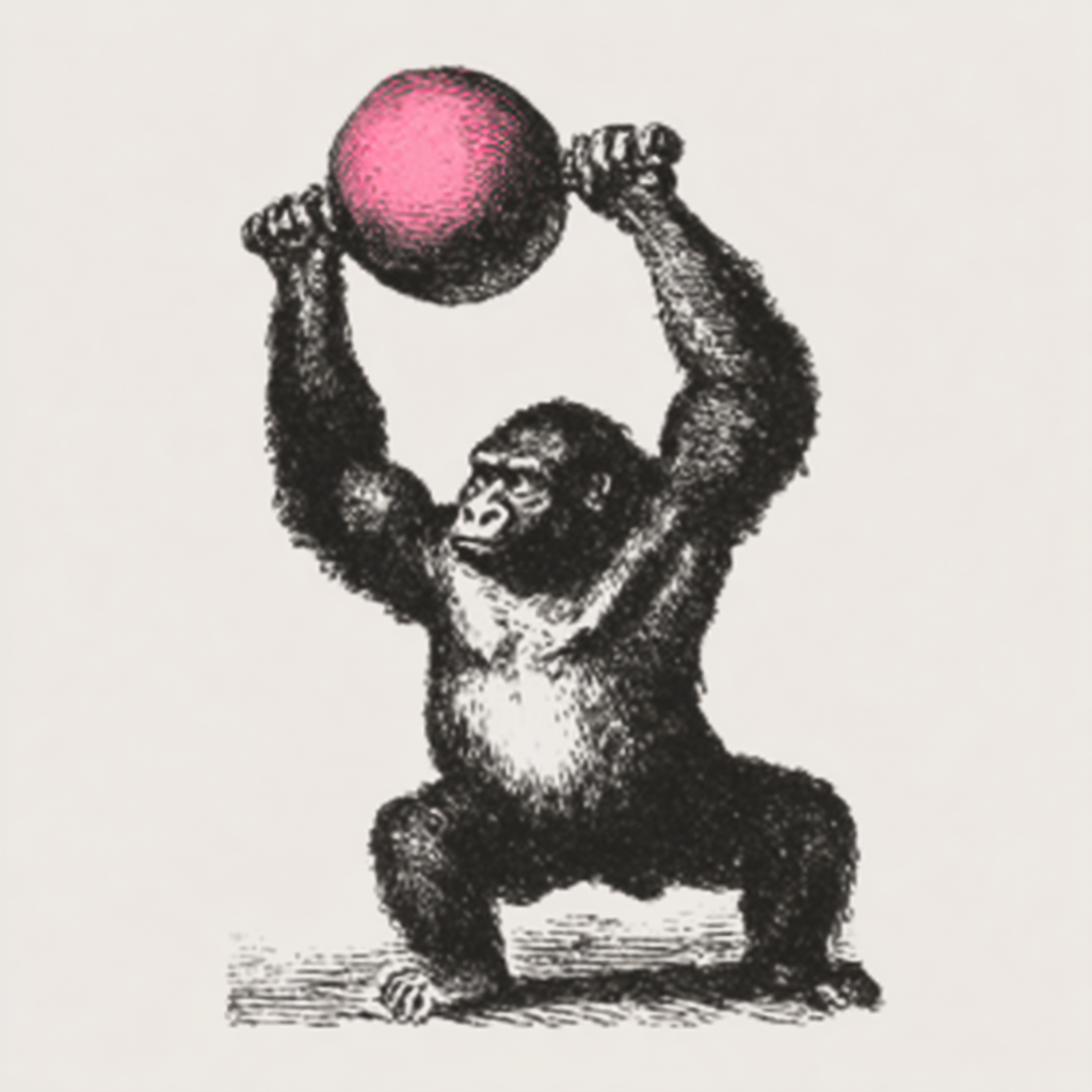 Baby-Gorilla hebt eine rosa Hantel