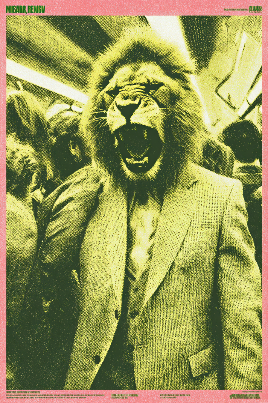 Frustrated Lion Commuter in Neon Duotone