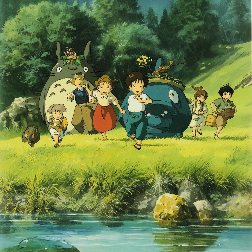 Children Playing with Totoro by the Riverbank