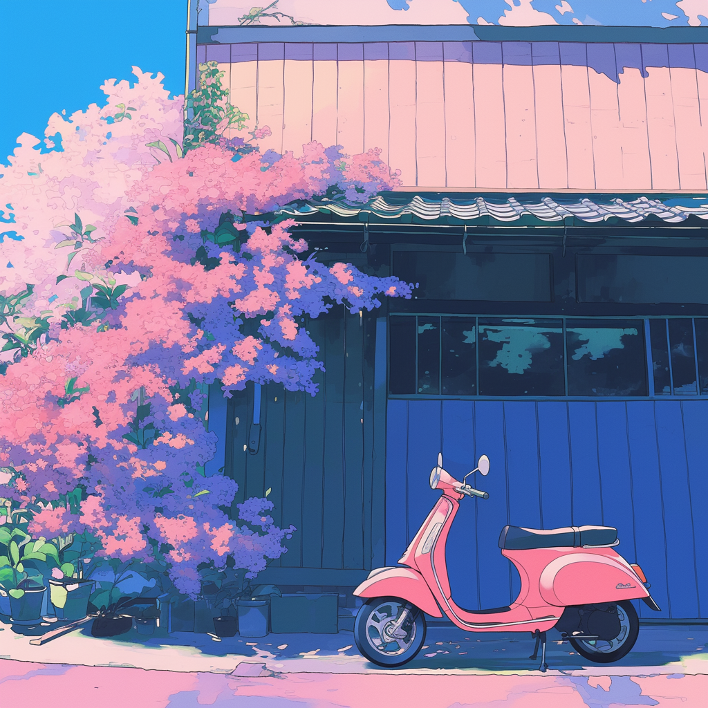 Pink Vespa by a Flower-Covered House