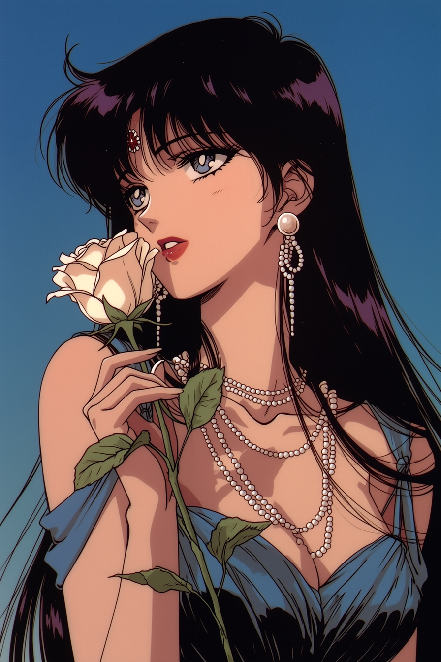 Retro Anime Rei with a White Rose