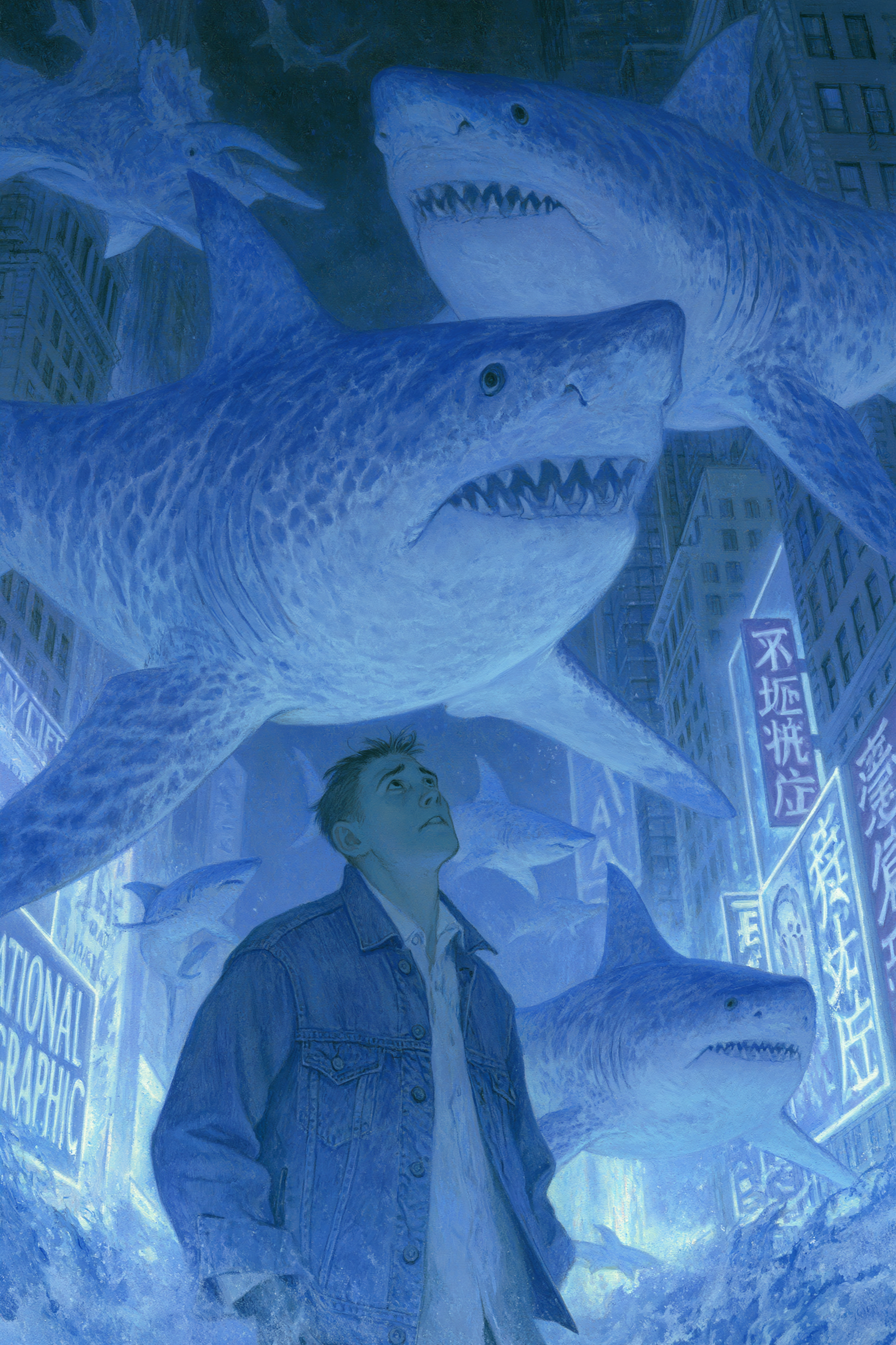 Tiburones volando por Times Square