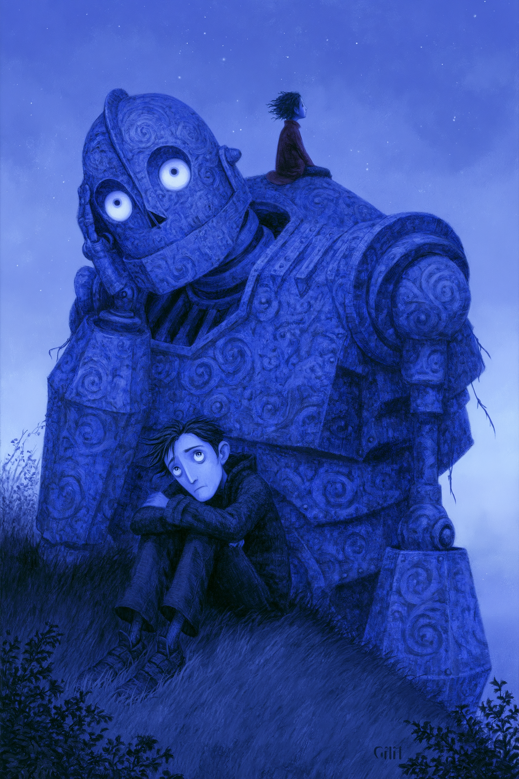 Riesiger Roboter ruht in der Dämmerung