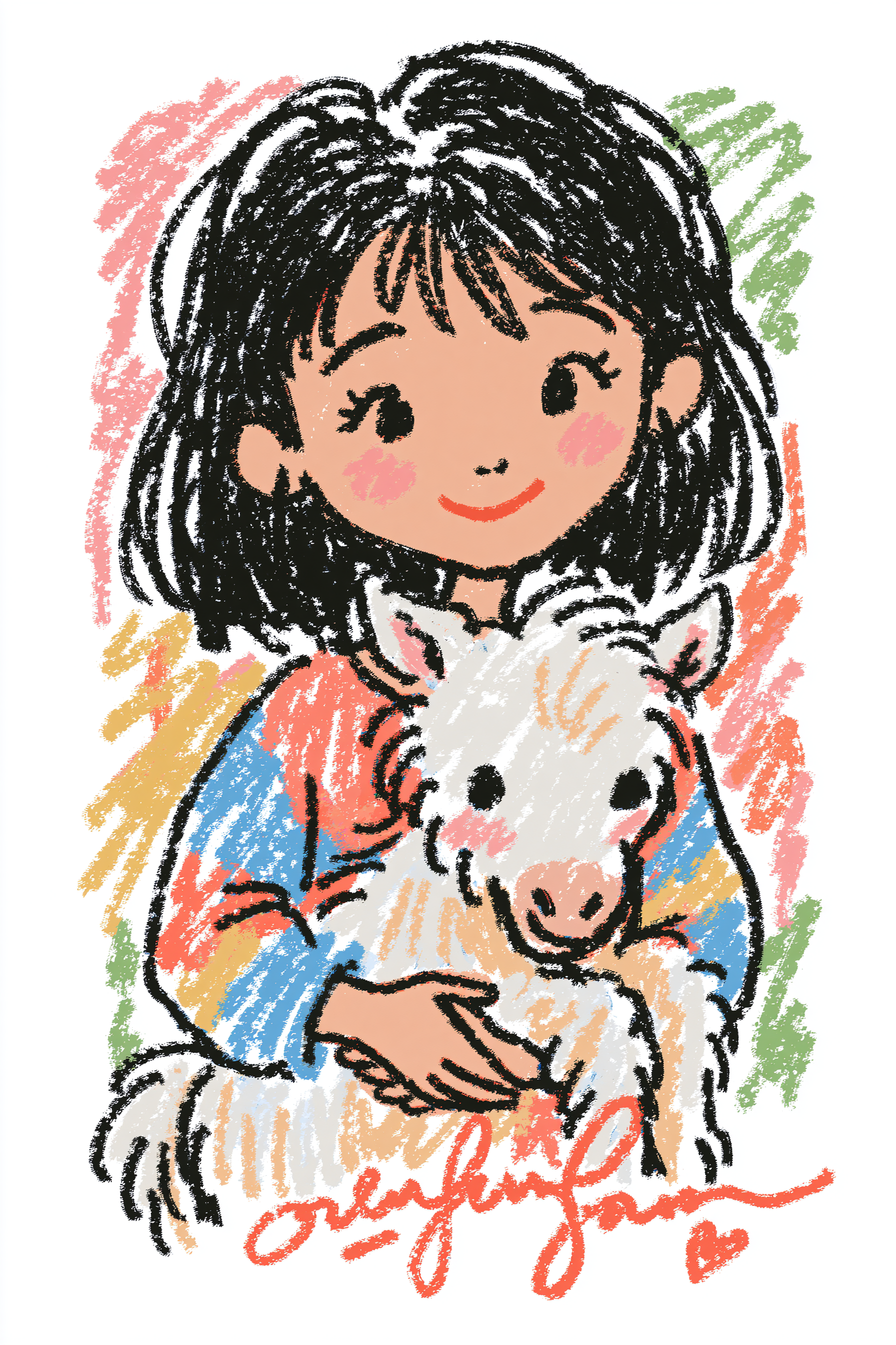 Girl Hugging a White Pony