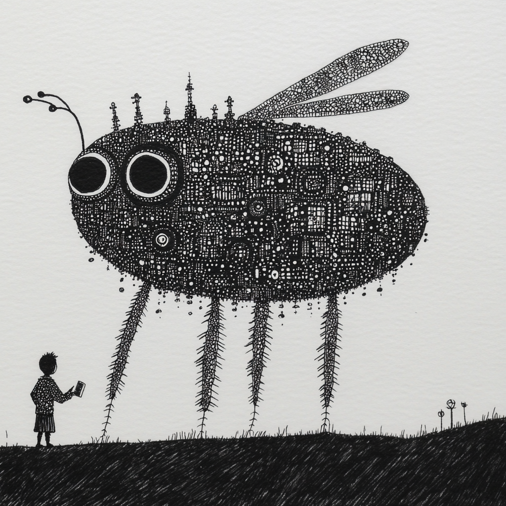 Child Facing a Steampunk Wasp