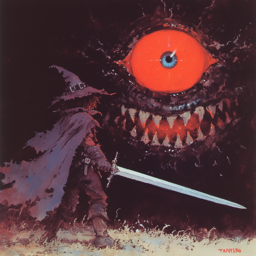 Wizard Battling a Giant Beholder