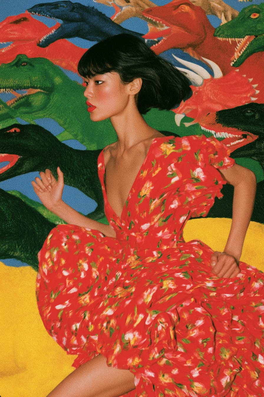 Korean Model Racing Dinosaurs, Colorful Analog Photo
