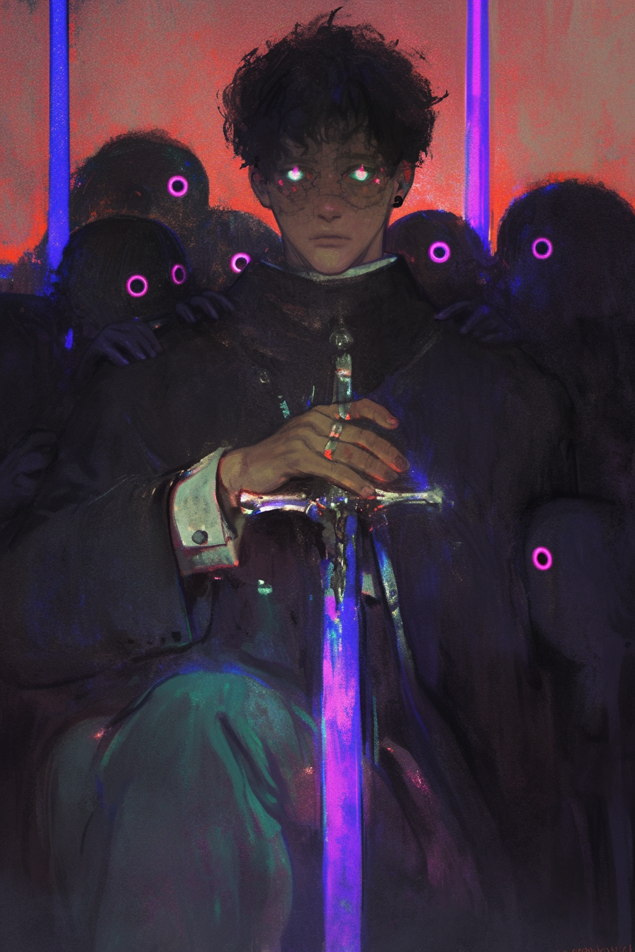 Purple Swordsman Surrounded by Shadow Beasts