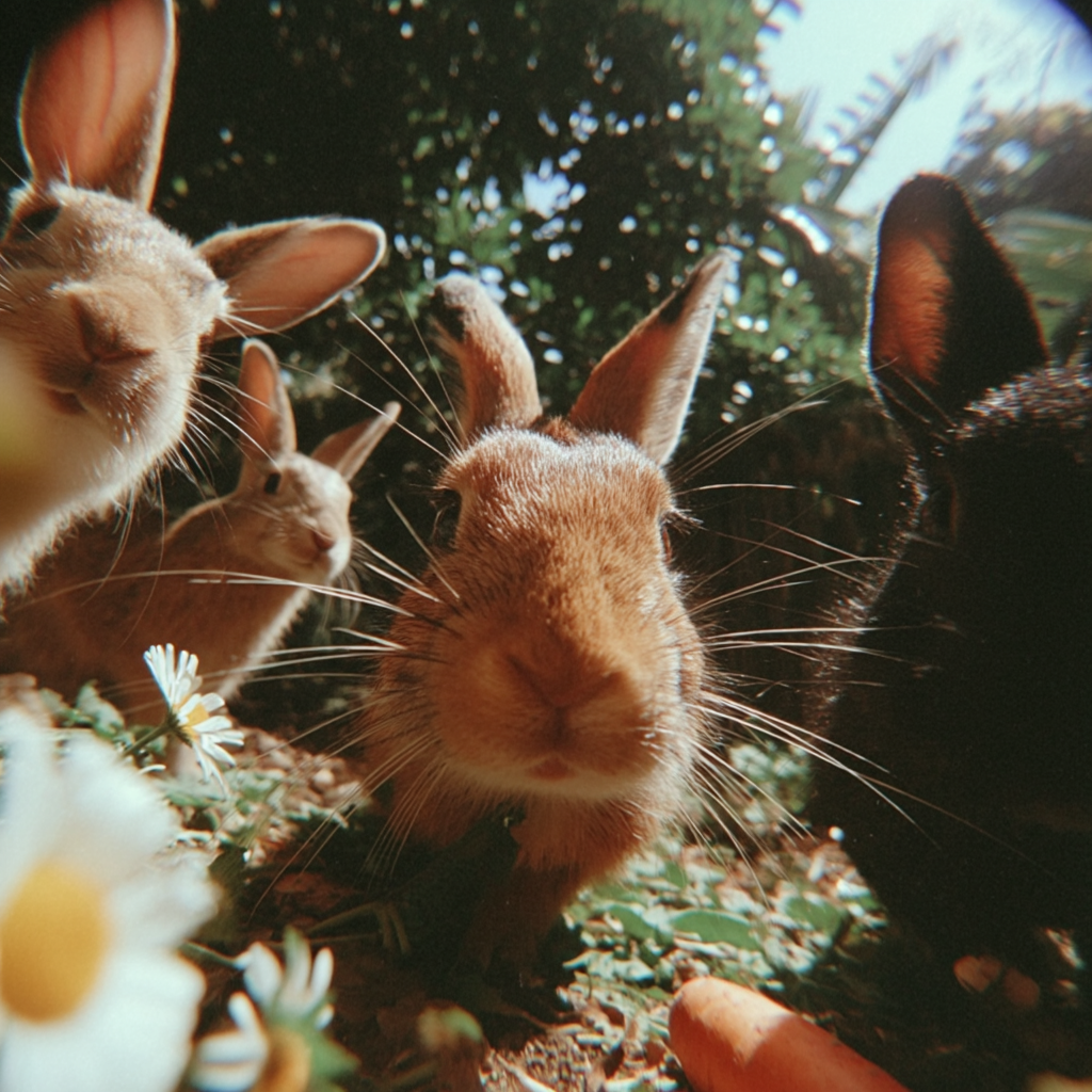 Conejos mirando hacia abajo entre flores