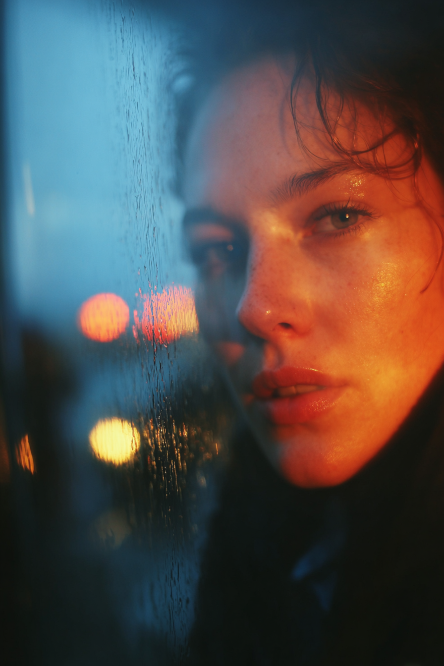 Woman Behind a Rain-Streaked Window