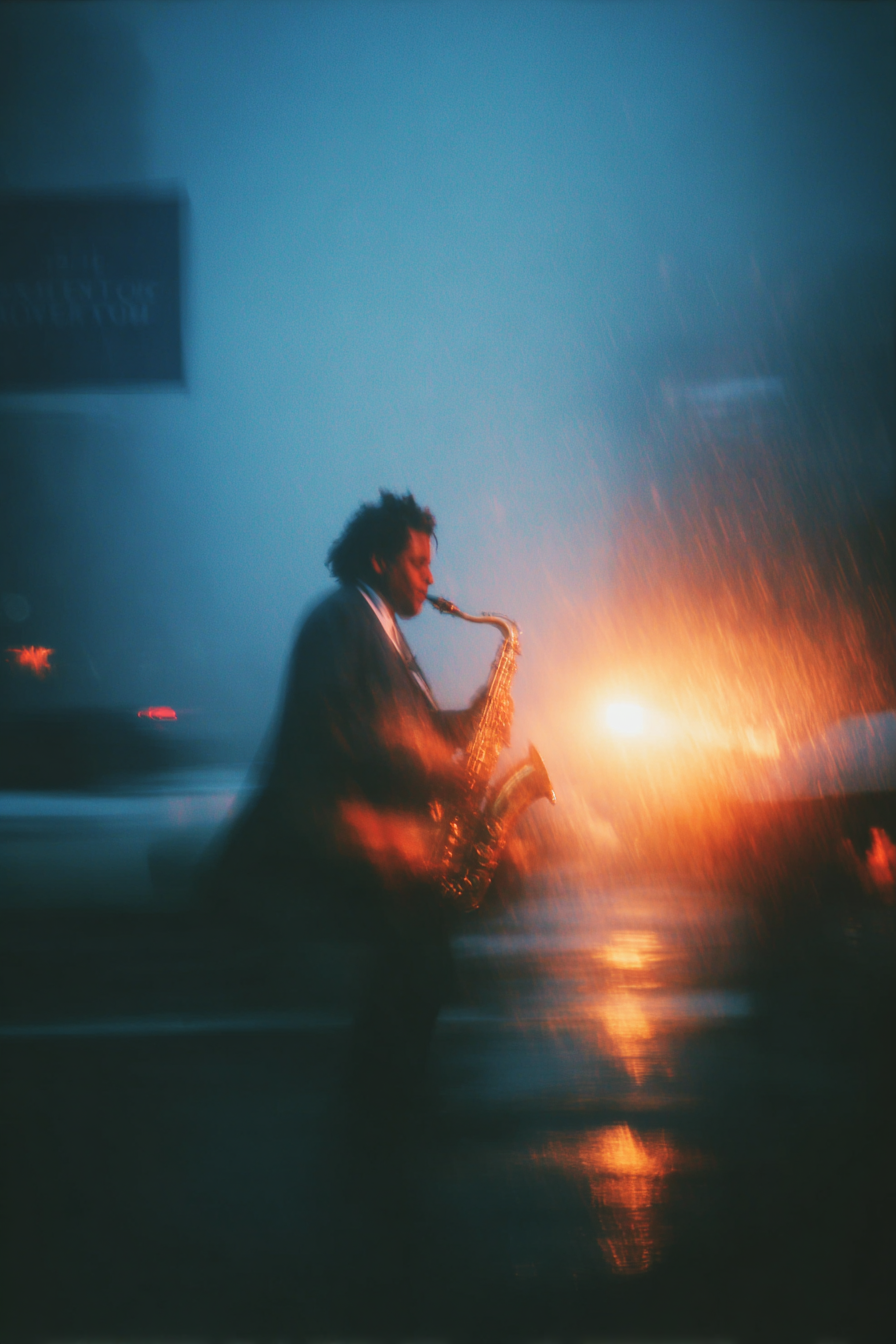 Jazz Saxophonist in Rainy Streetlight