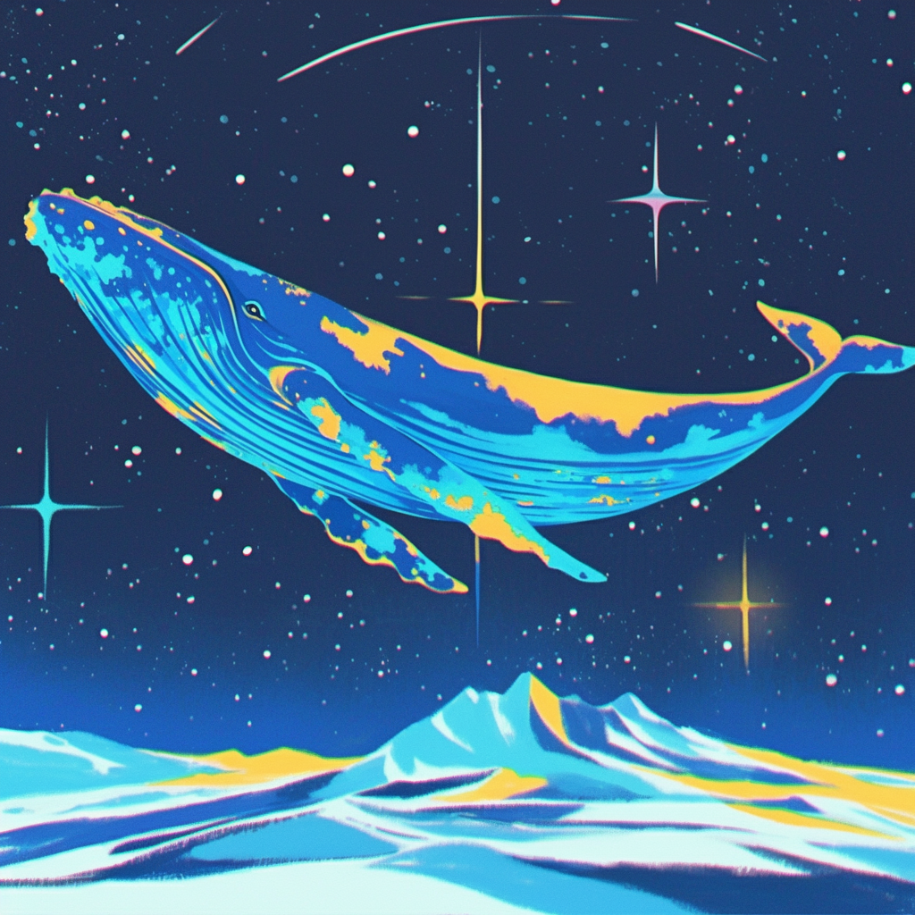 雪山上空を泳ぐクジラ